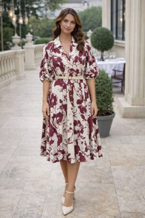 Bordo Midi Boy Uzun Çiçek Desenli 36 Beden Kadın Elbise