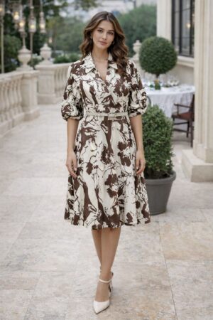 Kahve Midi Boy Uzun Çiçek Desenli 36 Beden Kadın Elbise