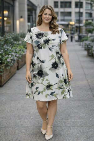 Yeşil Midi Boy Çiçek Desenli 42 Beden Kadın Elbise