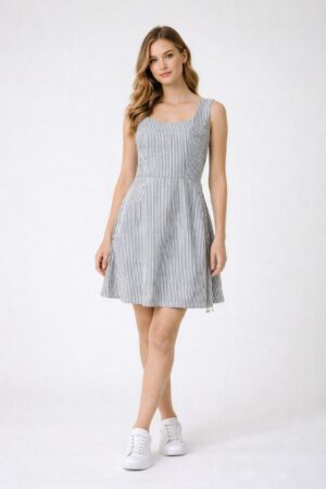 Siyah Midi Boy Çizgi Desen 36 Beden Kadın Elbise