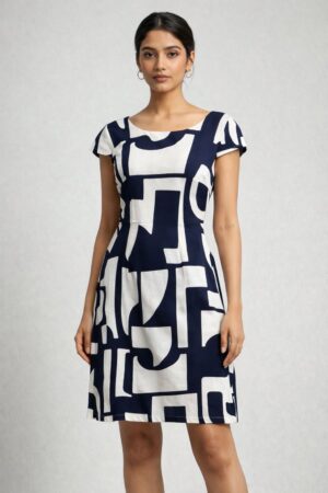 Lacivert Midi Boy Desenli 36 Beden Kadın Elbise